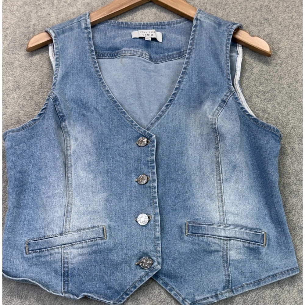 Love Tree Denim Womens Button Front Vest Light Blue V-Neck Outdoor Y2K L